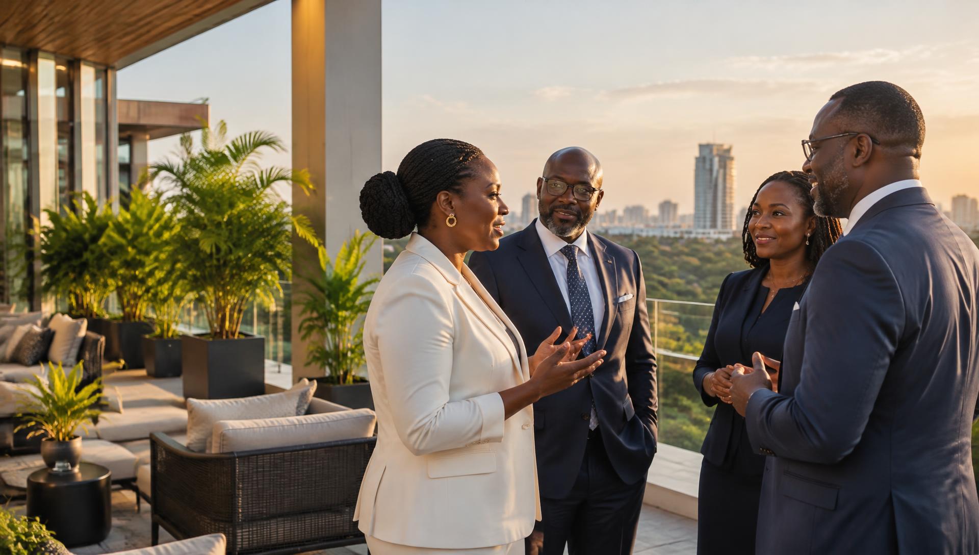 Ghanaian business professionals in conversation on an Accra terrace
